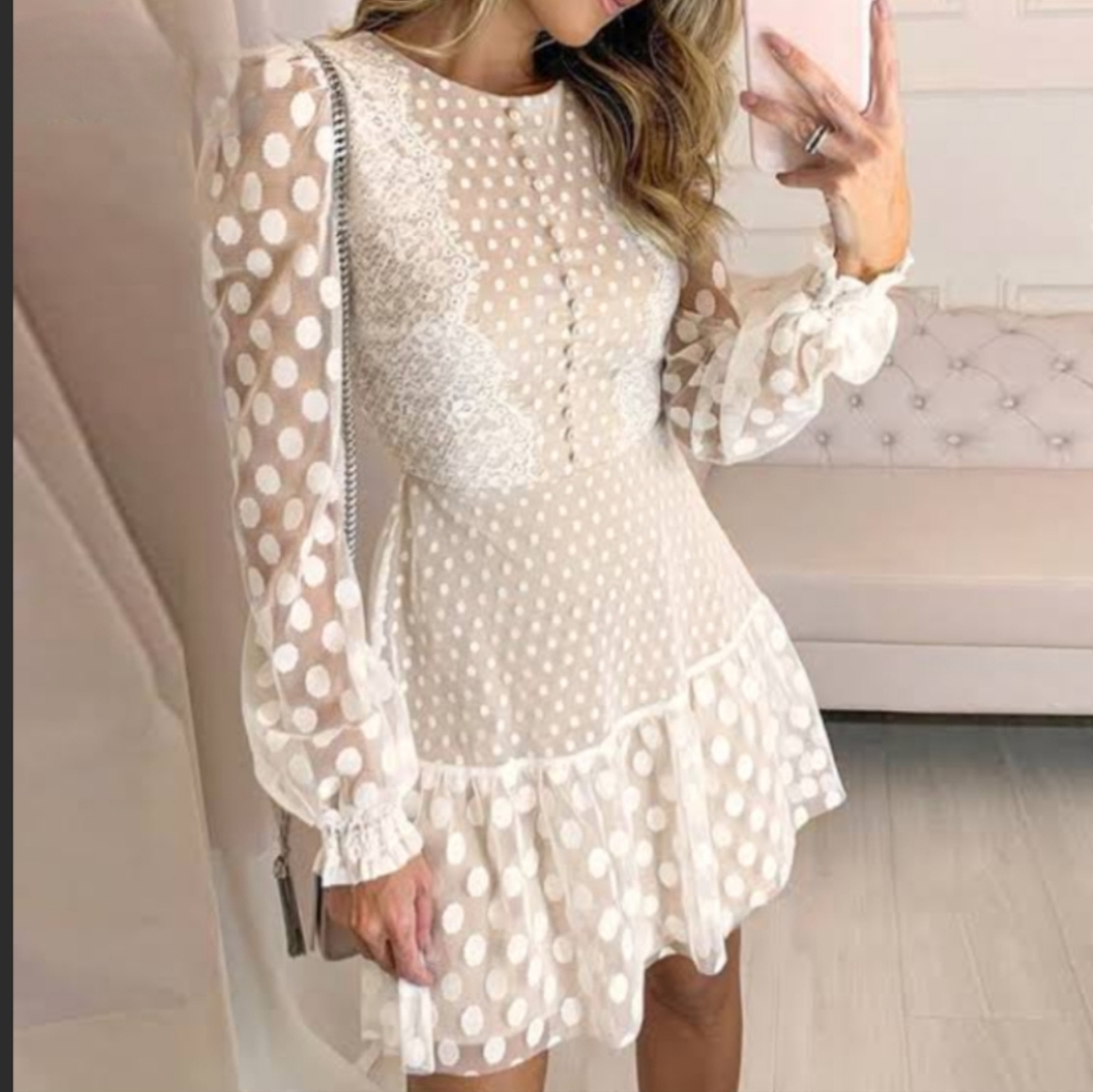 White lace mini dress polkadot Sze M embroided Long Sleeve party cocktail tiered - Picture 4 of 4